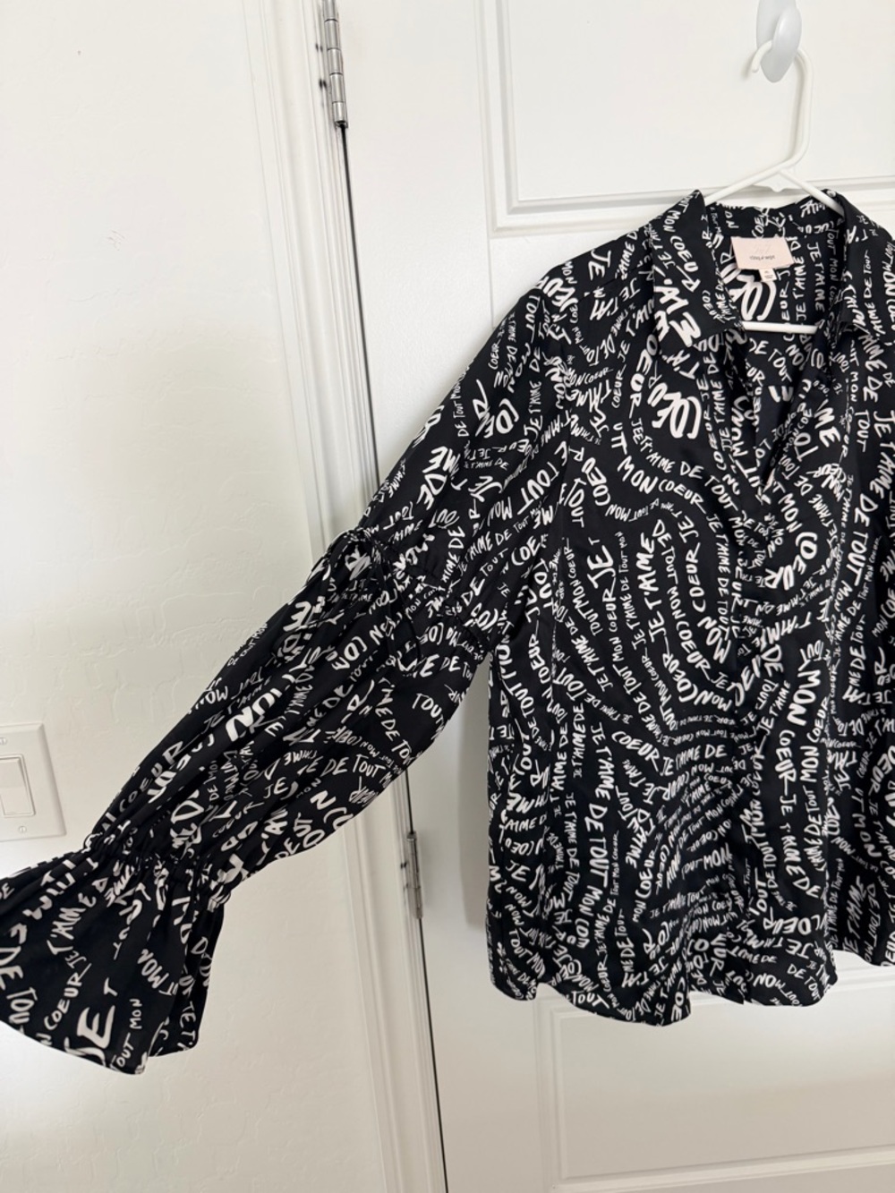cinq a sept Black with White Script Ruffled Blouse - Picture 3 of 6